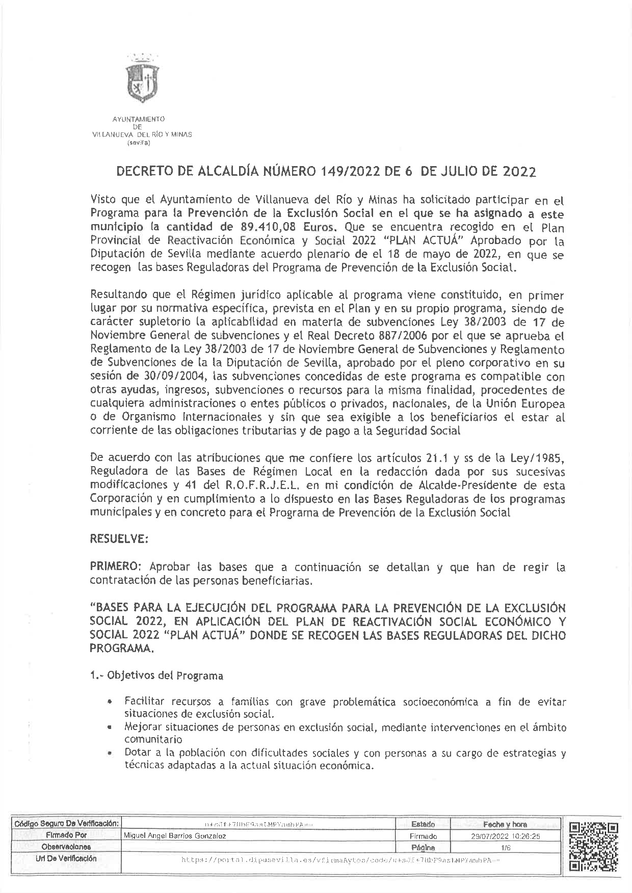 DECRETO DE ALCALDIA Nº 149. BASES PROGRAMA PREVENCION DE LA EXCLUSION SOCIAL, DEL PLAN ACTUA-001